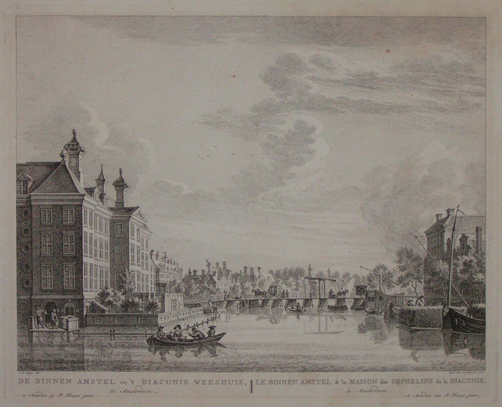 Etching - De Binnen Amstel en't Dianonie Weeshuis te Amsterdam. Le Binnen Amstel & la Maison des Orphelins de la Diaconie a Amsterdam. - Van